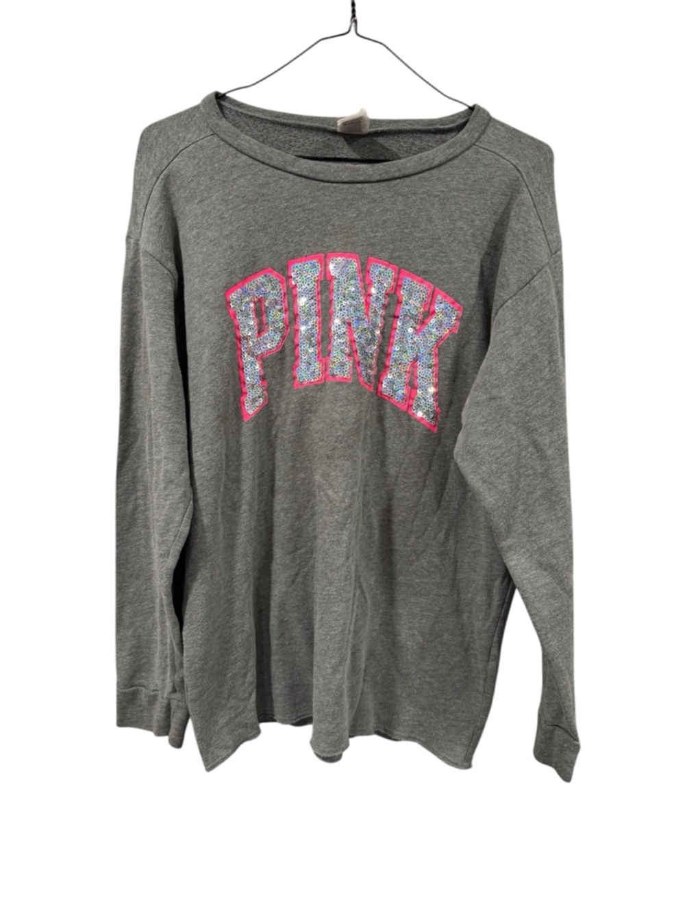 PINK Victoria Secret Campus Crew Lightweight Sweatshirt Gray and Pink Glitter